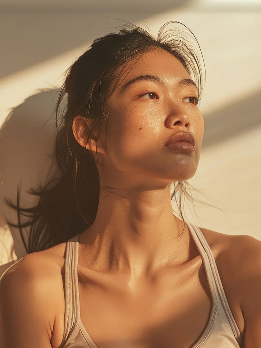 Close-up of a light-tan woman with dark hair pulled back, some strands framing her face. Sunlight creates a golden glow on her skin, highlighting her features. She looks upward with a neutral expression. She wears a beige tank top, and the background is a soft light beige with gentle shadows. The warm lighting suggests an outdoor setting. - Chin Implant in Miami Beach, FL